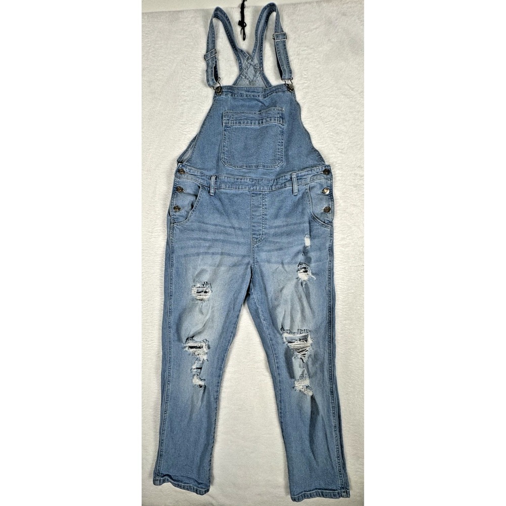 Celebrity Pink Overalls Large Light Blue Denim Straight Leg Distressed Cotton